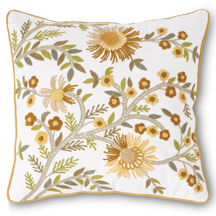 White Square Pillow w/Yellow Embroidered Botanicals  K&K   