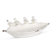 14 Inch White Ceramic Leaf Bowl w/4 Song Birds K&K