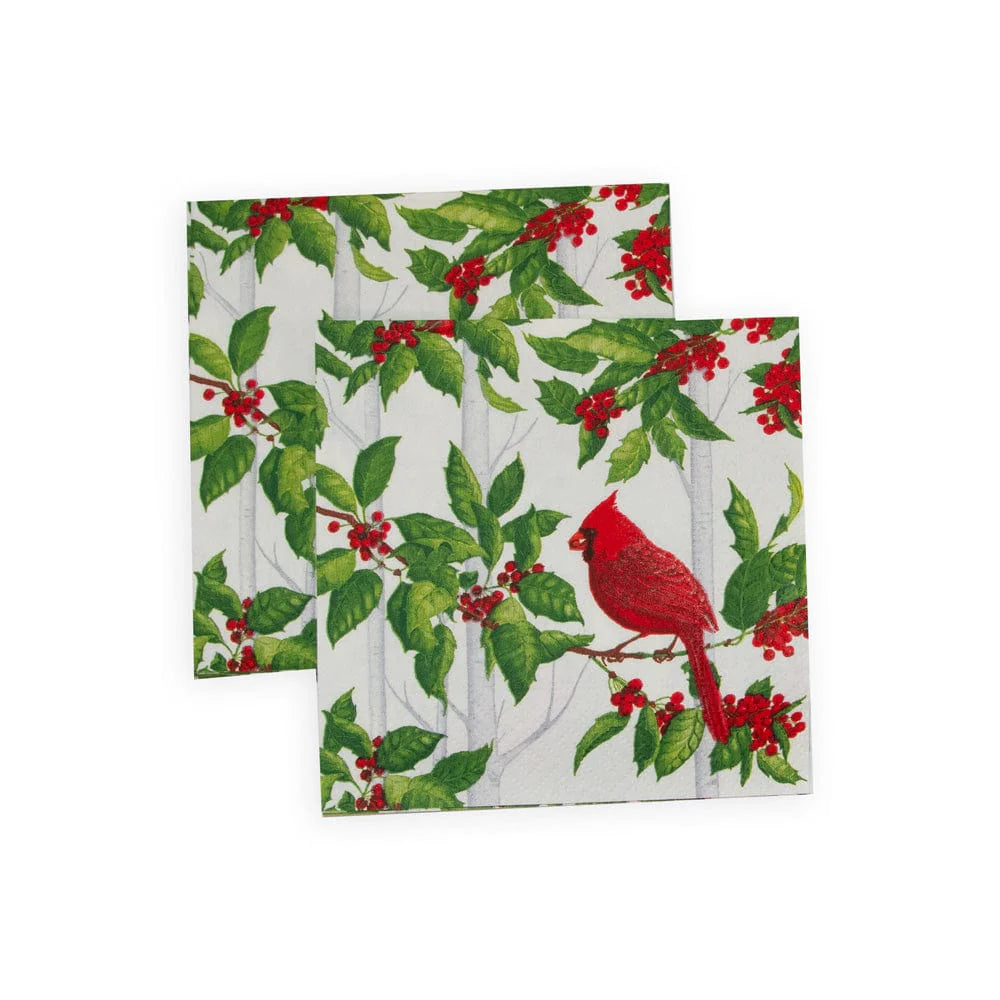 Cocktail Napkin - Holly And Songbirds White/Silver  Caspari   