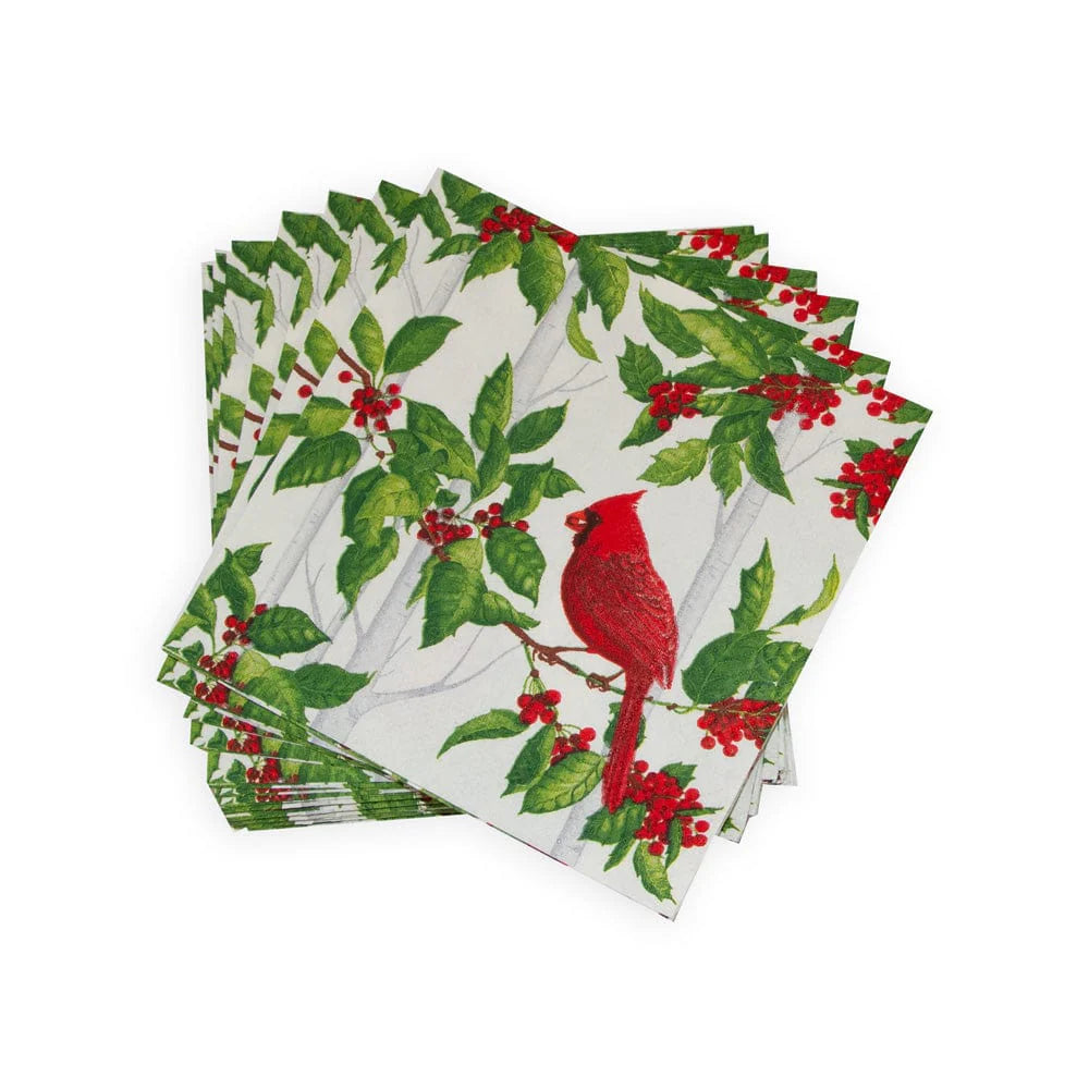 Cocktail Napkin - Holly And Songbirds White/Silver  Caspari   