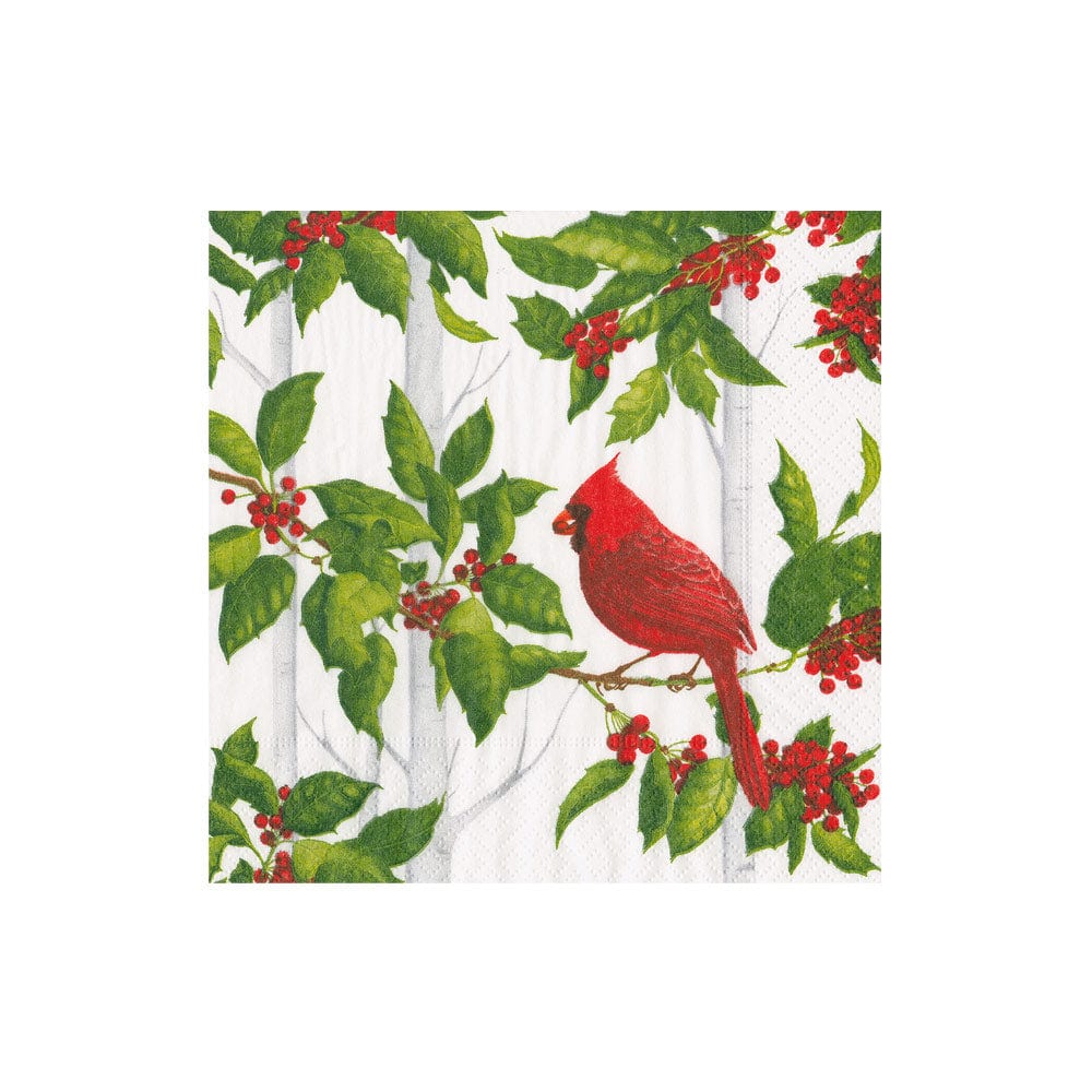 Cocktail Napkin - Holly And Songbirds White/Silver  Caspari   