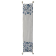 72 Inch White Linen & Blue Embroidered Floral Table K&K