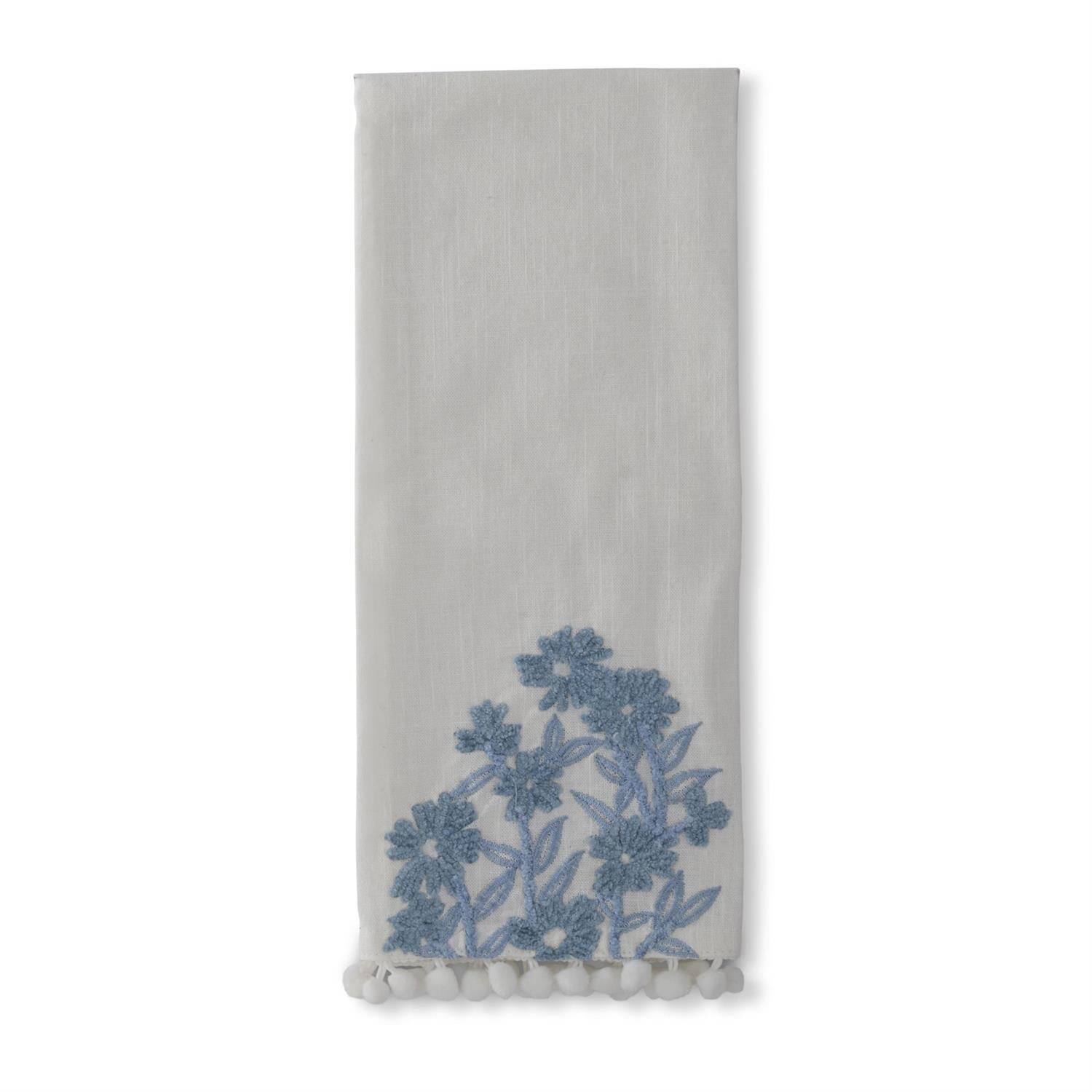 White Linen & Blue Embroidered Floral Hand Towel K&K