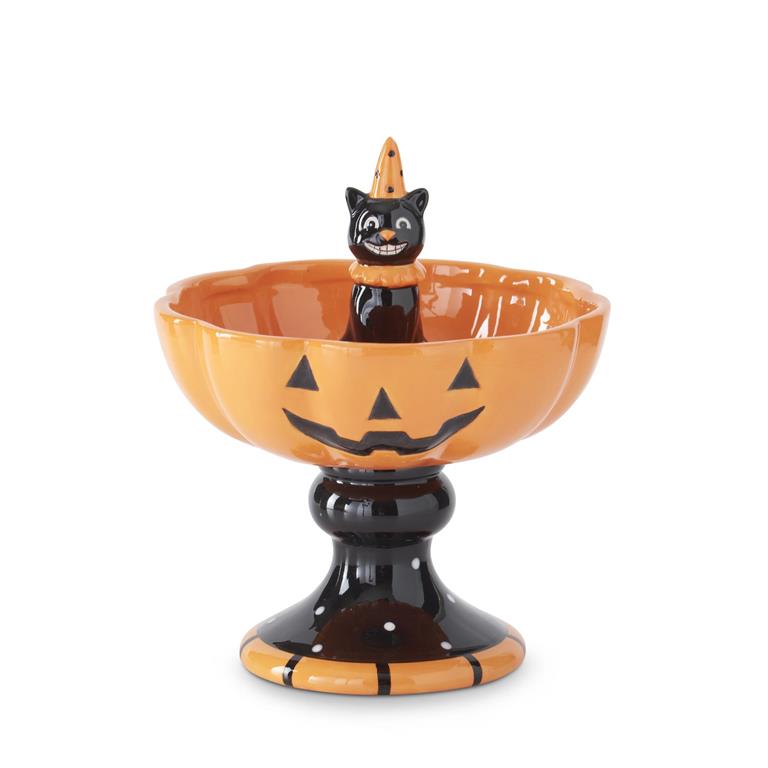 Ceramic Jack O Lantern Bowl w/Black Cat  K&K   