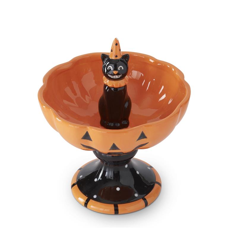 Ceramic Jack O Lantern Bowl w/Black Cat  K&K   