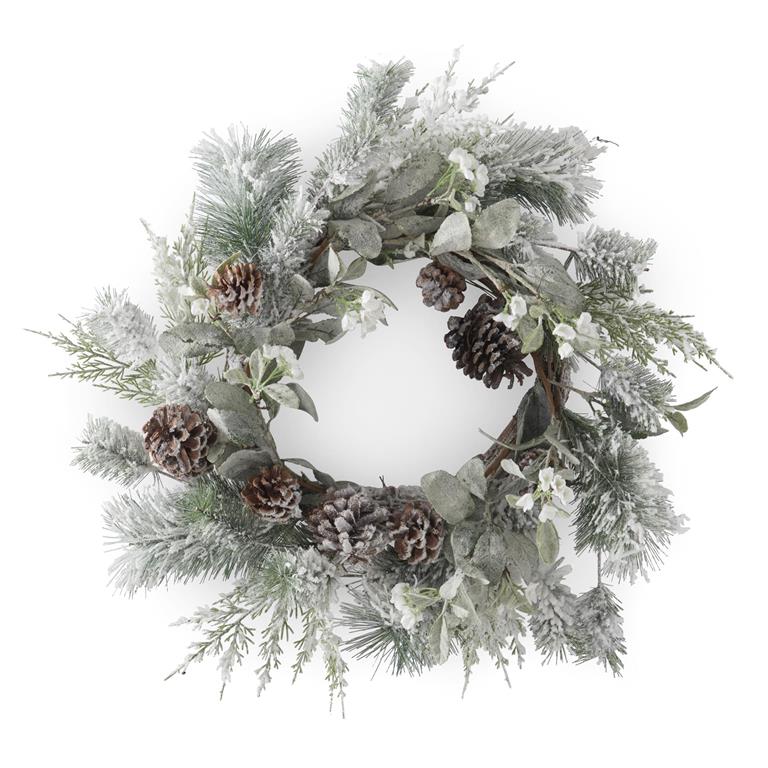 Glittered Flocked Pine Wreath w/Lambs Ear  K&K   