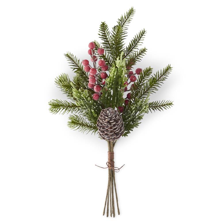 Glittered Icy Mixed Pine Bundle w/Red Berries  K&K   