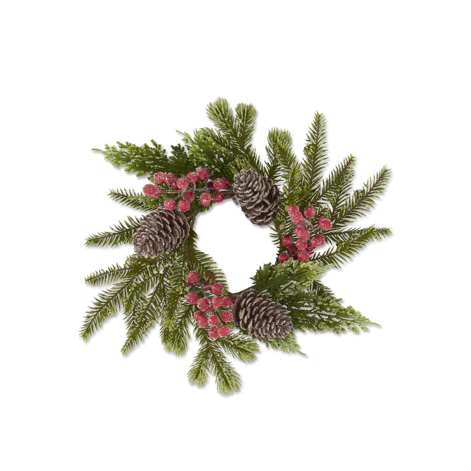 Glittered Icy Mixed Pine Candle Ring w/Red Berries  K&K   