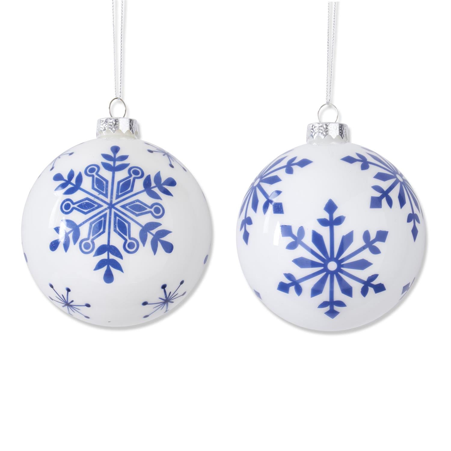 White w/Blue Snowflakes Glass Ornament  K&K   