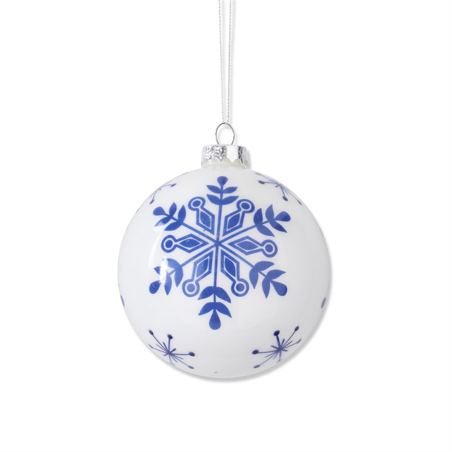 White w/Blue Snowflakes Glass Ornament  K&K A.  