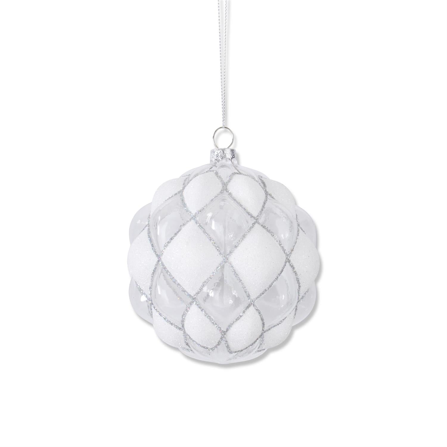 Beaded White & Clear Glass Round Hobnail Ornament  K&K   