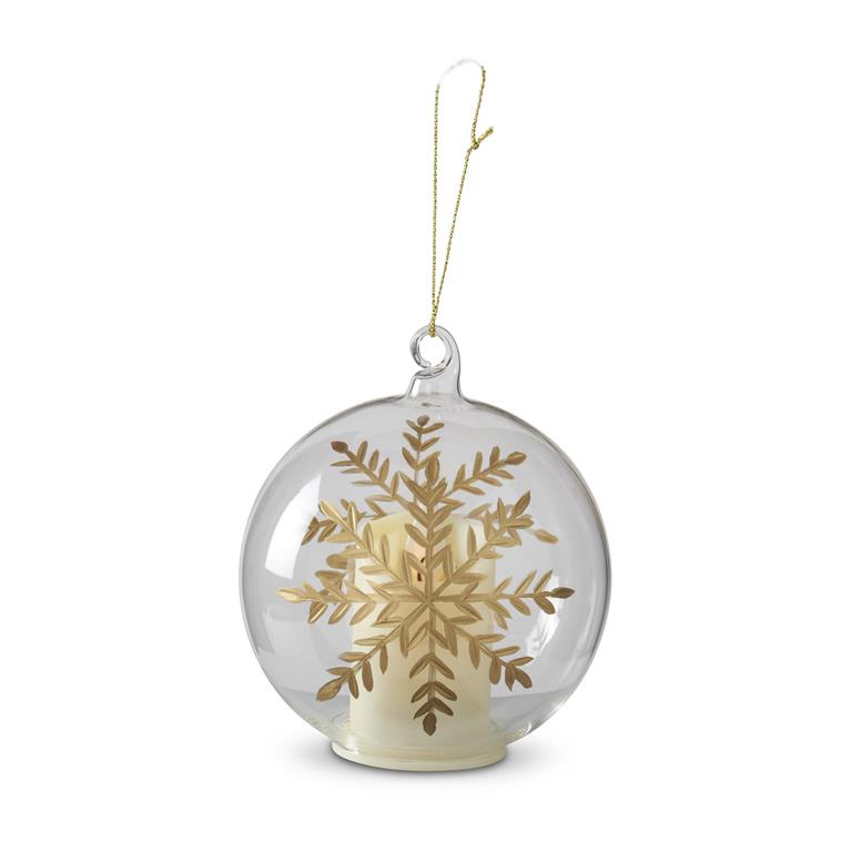 LED Clear Glass Gold Gilded Etched Snowflake Ornament  K&K   