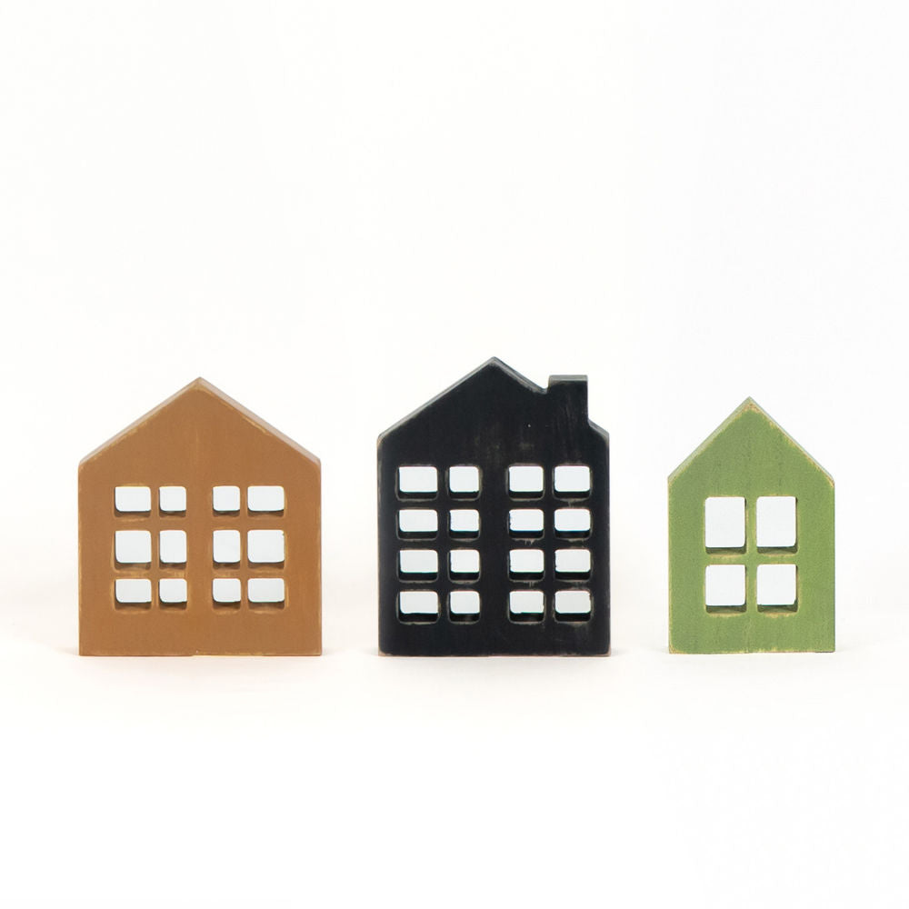 Wood Cutout Shapes S/3 Houses Gn/Bn/Bk Adams Christmas Adams & Co.   