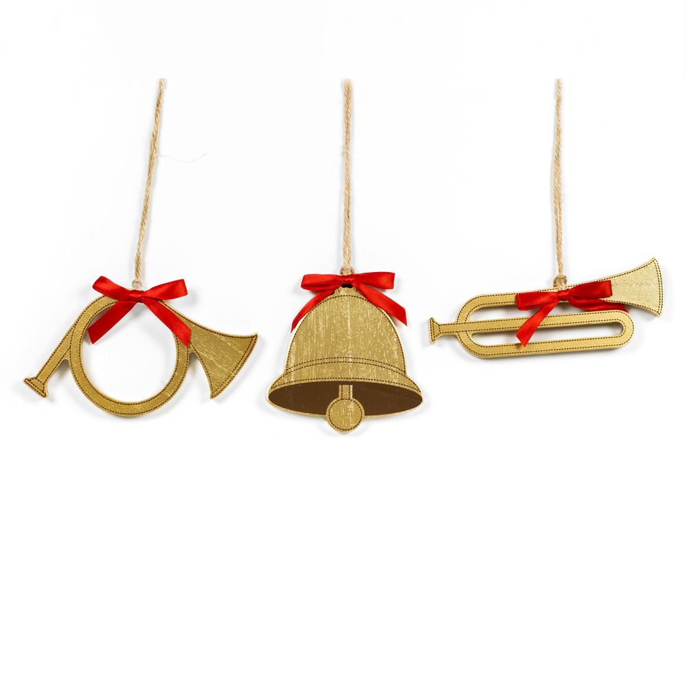 Wood Ornament Set/3 (Horns/Bell) Gd/Rd Adams Christmas Adams & Co.   