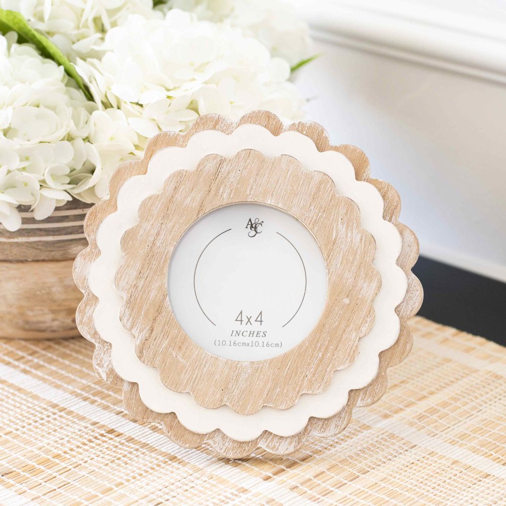 Wood Scallop Photo Frame (Round) Natural/White (4X4) Adams Everyday Adams & Co.   