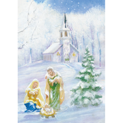 Nativity And Snowy Church - Boxed Holiday Cards  Caspari   