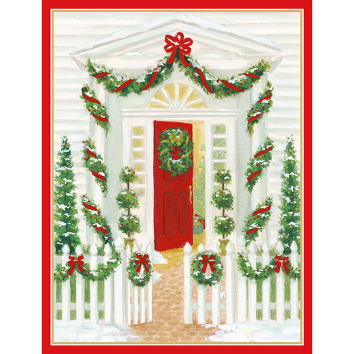 Front Door Decked Out In Greenery - Boxed Holiday Cards  Caspari   