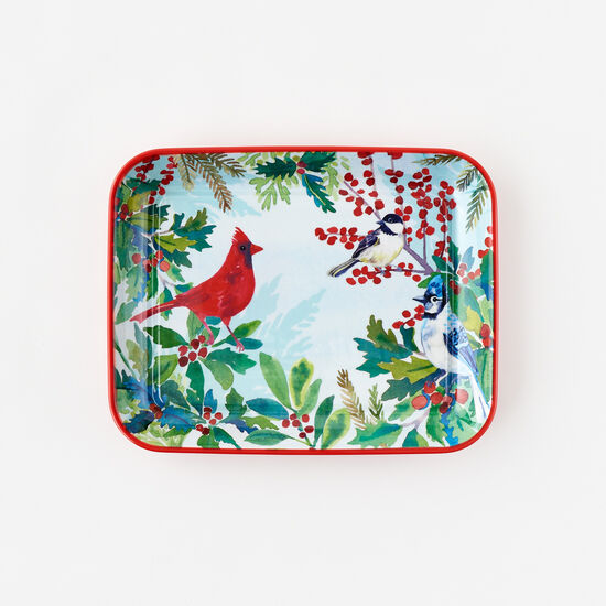 Holiday Cardinal Birds "Enamel" Melamine Tray – 11" x 14" Festive Serveware  180 Degrees   