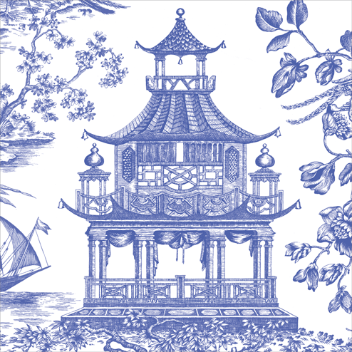 Cocktail Napkin - Chinoiserie Toile Pagoda Blue Paper Napkins Caspari   