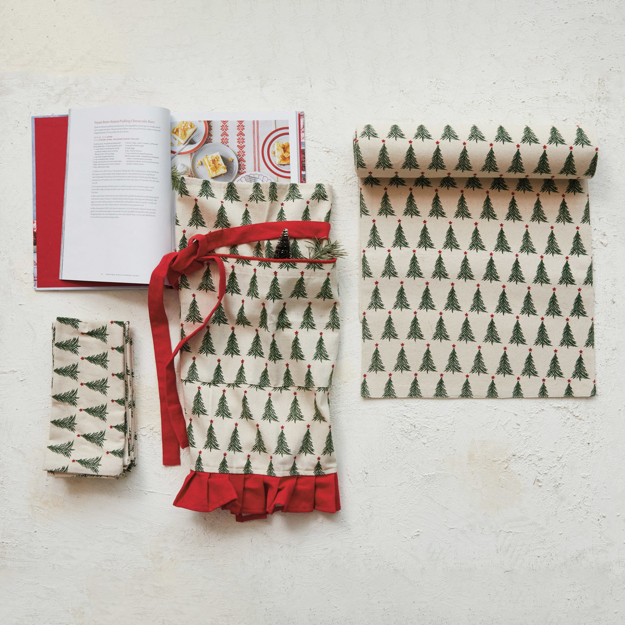 Stonewashed Cotton Printed Table Runner w/ Christmas Tree Pattern  Creative Co-Op   