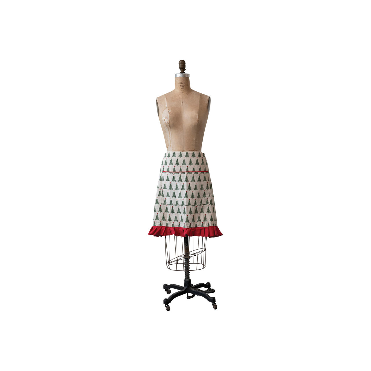 Cotton Printed Half Apron w/ Christmas Tree Pattern, Pocket & Ruffle  Creative Co-Op   