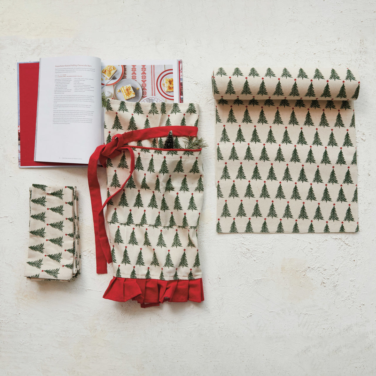 Cotton Printed Half Apron w/ Christmas Tree Pattern, Pocket & Ruffle  Creative Co-Op   