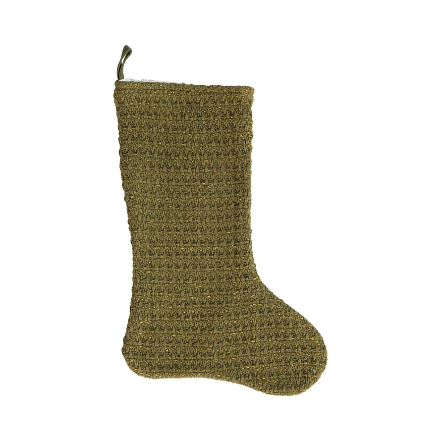 Woven Cotton Stocking w/ Metallic Gold Thread Creative Co-Op Green