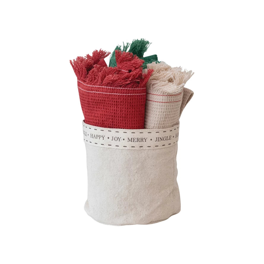 Festive Cotton Kitchen Towel Set in Holiday Storage Bag  Creative Co-Op   