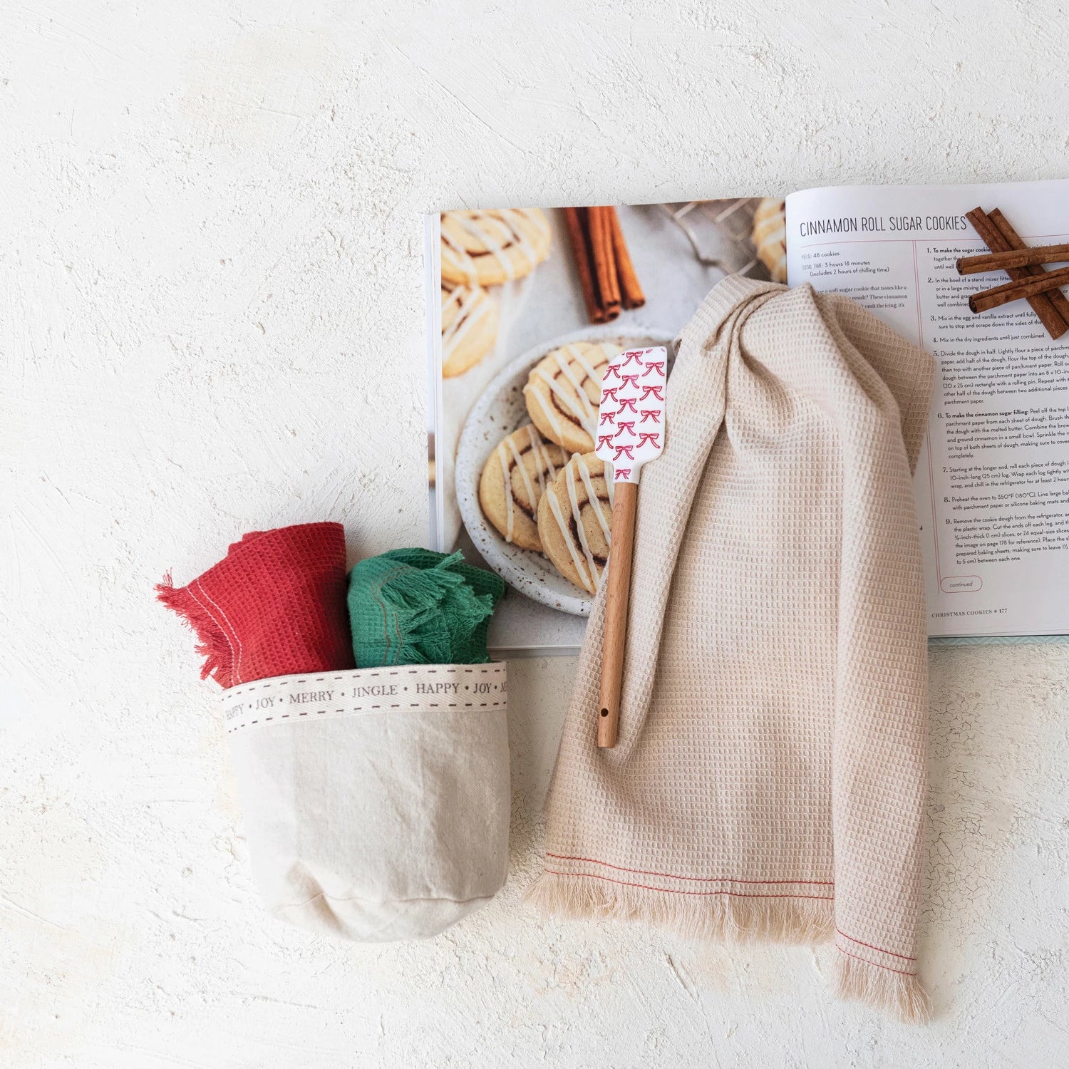 Festive Cotton Kitchen Towel Set in Holiday Storage Bag  Creative Co-Op   