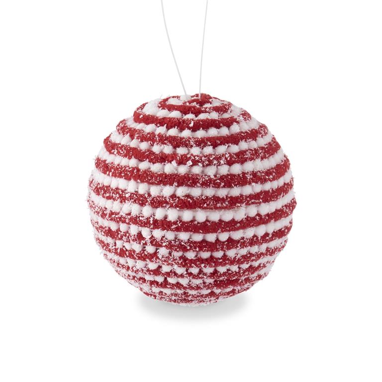 Glittered Snowy Red & White Yarn Striped Ball Ornament  K&K   